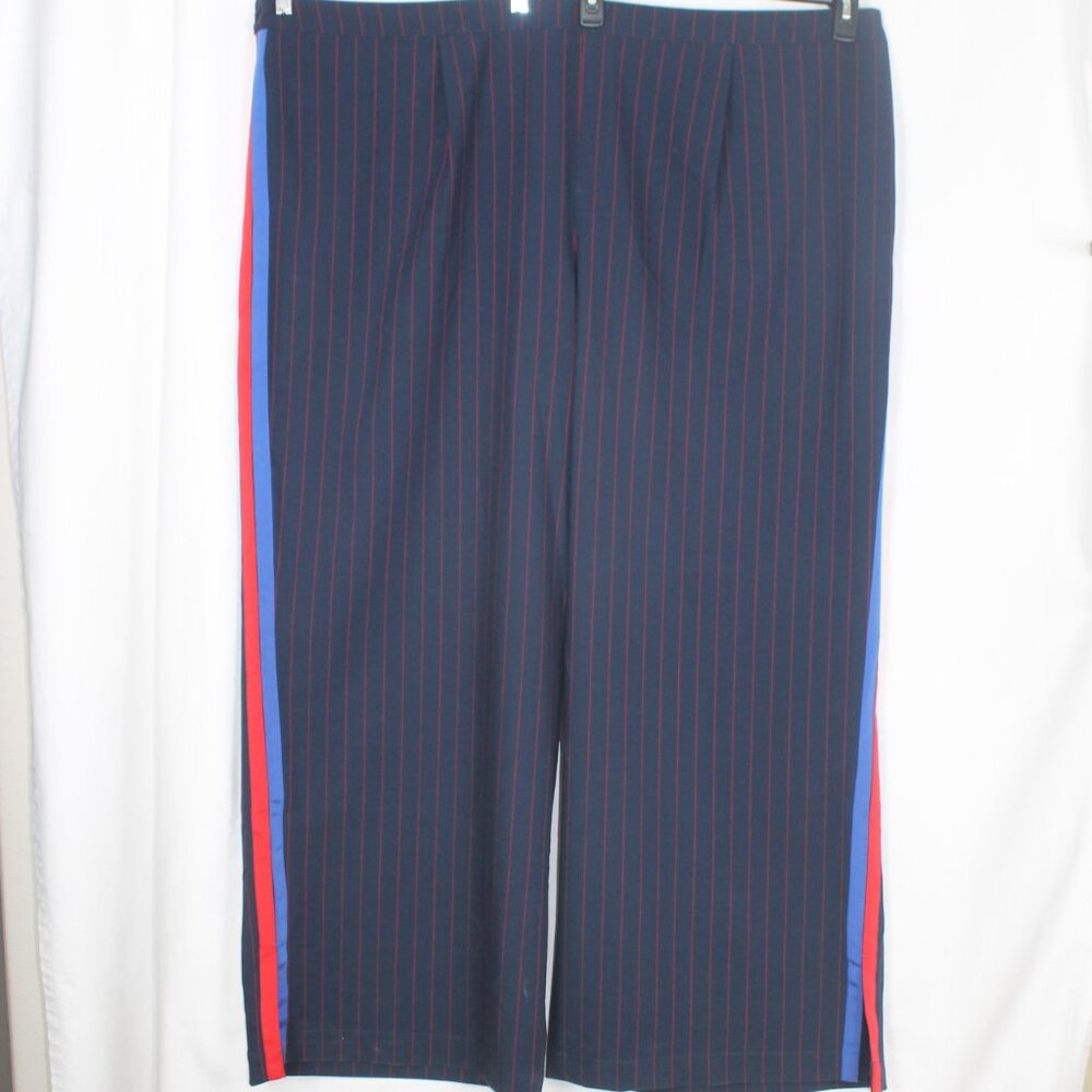 LA LIGNE Pants Woman Size 4X Navy Blue Elastic Waist Red Stripe Straight Leg NWT